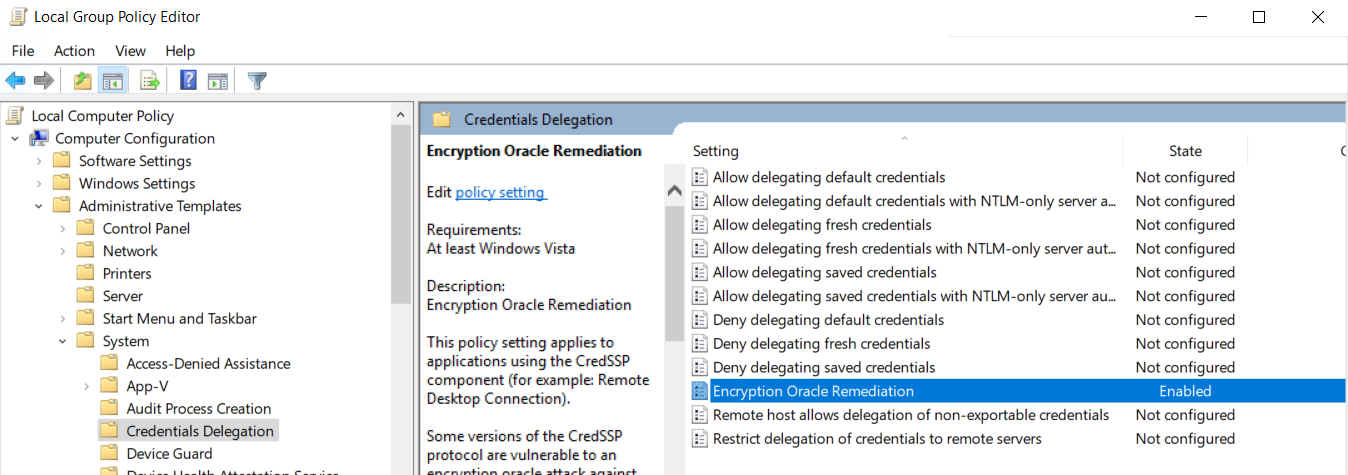 credssp remote desktop error oracle